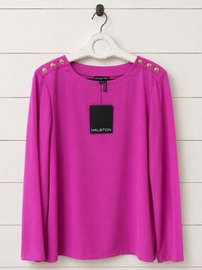 NWT Halston Bright Fuchsia Long-Sleeve Blouse with Gold Shoulder Buttons